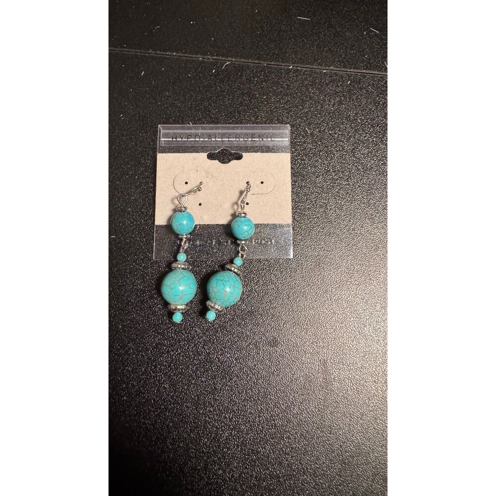 Turquoise Double Bead Dangle Earrings – Silver Tone | Hypoallergenic Hooks